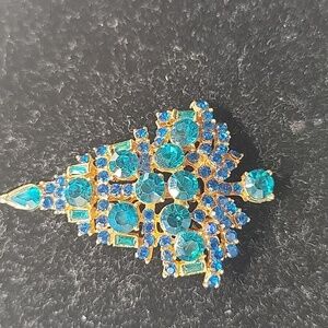Elegant Gold and Blue Crystal Tree Brooch